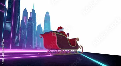 Santa Claus flying his sleigh swiftly through a vibrant, neon-lit futuristic city, bringing modern holiday joy