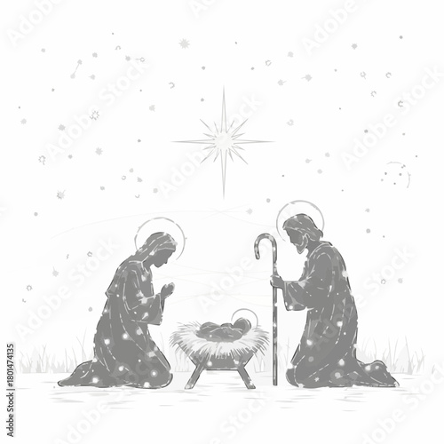 Nativity Scene Holy Family with Mary, Joseph, and Jesus, under the Star of Bethlehem in a serene winter Christmas setting