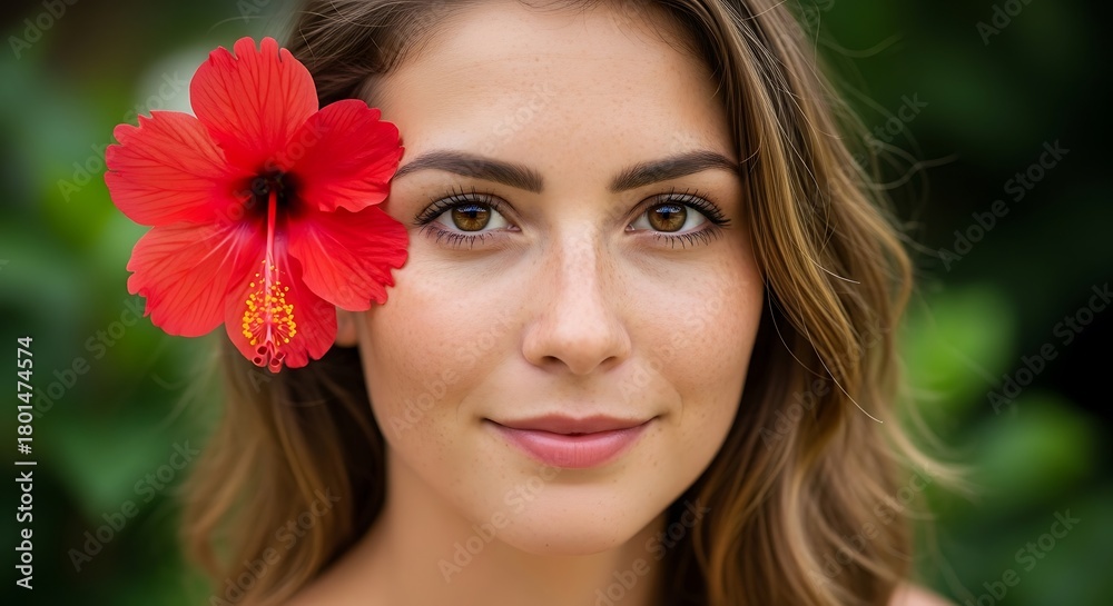Naklejka premium Portrait of a Beautiful Woman with Hibiscus Flower in Her Hair.