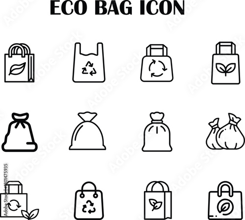Eco bag vector icon with leaf symbol representing reusable, sustainable, and environmentally friendly shopping bags