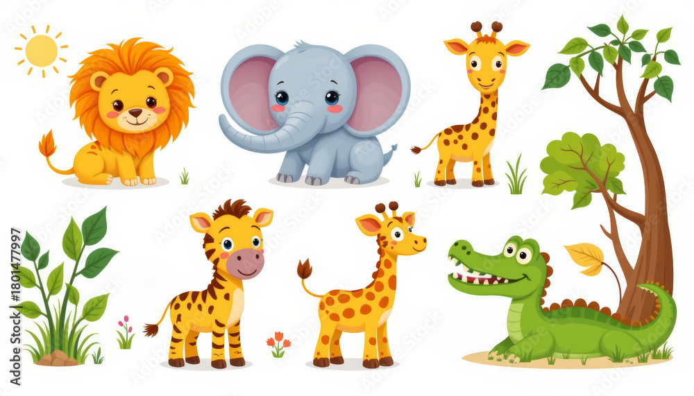 Naklejka premium Cute cartoon lion baby elephant giraffe crocodile jungle tree sunshine grass