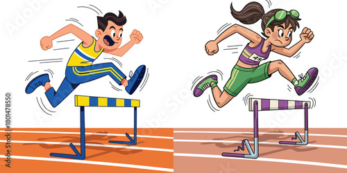 Cartoon athletes jumping hurdles on running track, energetic boy and girl racing, dynamic sports illustration showcasing speed, competition, fitness, and athletic training