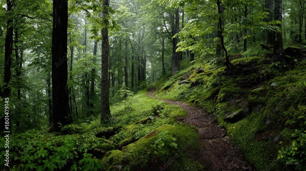 Obraz premium Tranquil woodland landscape bathed in dappled light among fresh foliage and a winding path