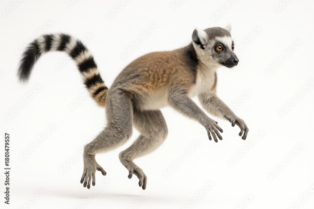 Naklejka premium Lemur captured mid leap on white background forelimbs reaching forward and hind legs extended with tail forming gentle curve for motion and wildlife themes