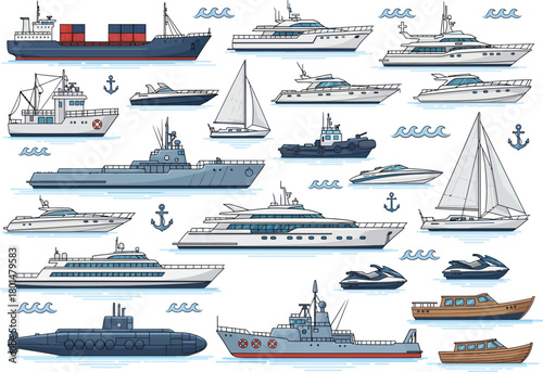 Comprehensive vector collection of marine and sea transportation vehicles, including cargo ships, tankers, yachts, sailboats, fishing boats, submarines, coast guard vessels, and cruise liners