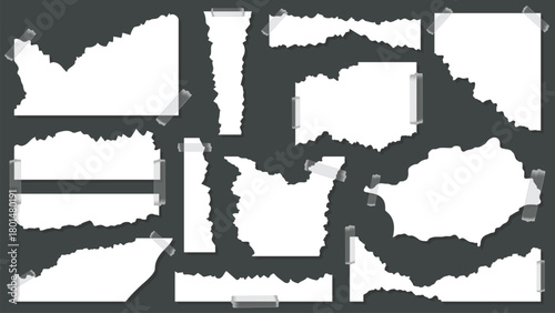 Torn paper shapes with tape | ripped note frames | isolated scrap paper clipart set