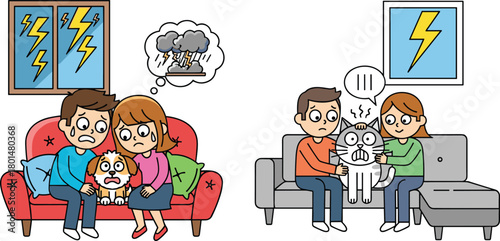 Cartoon people comforting pets during storm, thunder anxiety illustration, emotional support concept, pet fear reaction, weather safety awareness art
