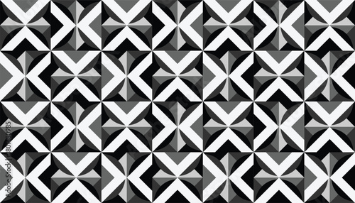 A bold geometric pattern featuring repeated X-shaped motifs in a grayscale palette. The design combines sharp angles and layered triangular segments, creating a sense of depth and rotation