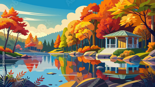 Very beautiful vibrant autumn foliage reflecting across the calm waters of Swartswood Lake at Swartswood Lake State Park, showcasing colorful trees, peaceful shoreline, and a serene seasonal atmospher