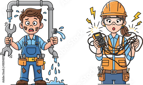 Cartoon plumber boy struggling with leaking pipes and electrician girl holding tangled wires, funny repair worker illustration showing problem solving and technical professions