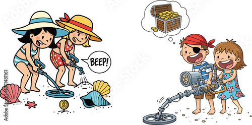 Cheerful children using metal detectors on the beach, discovering hidden treasures, playful cartoon scene with seashells, excitement, summer adventure, happiness