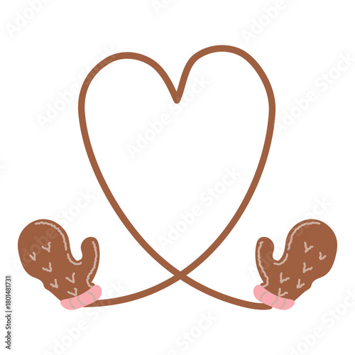 Illustration of brown heart line with winter mittens