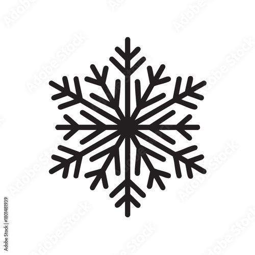 Simple black silhouette icon of a symmetrical snowflake.