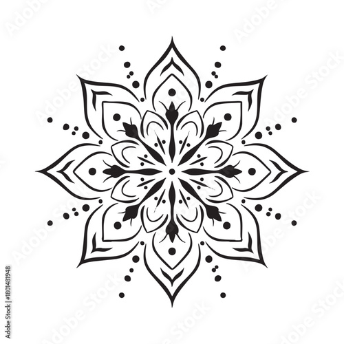 Ornate black and white mandala with floral shapes and dots.