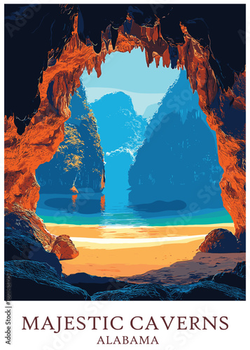 Dramatic vector illustration travel poster showing the vibrant entrance of Majestic Caverns, Alabama, overlooking water and distant karst mountains.