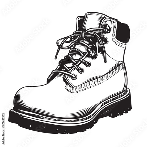 Engraving style sketch of a rugged leather work boot.