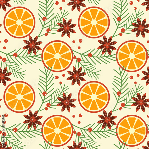 Christmas anise stars pattern. Anise, spruce branches and orange slices. Christmas vibe.