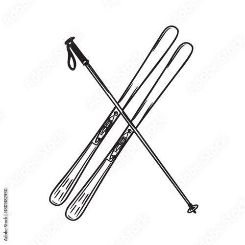 Engraving style sketch of crossed alpine skis and poles.