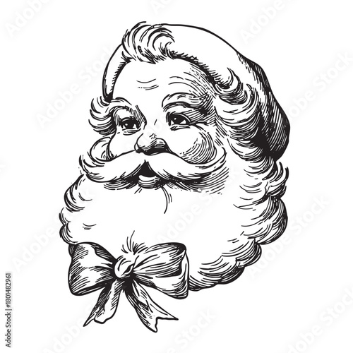 Engraving style portrait of Santa Claus head with a bow.