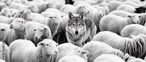 Lone Wolf Staring Intently Among Flock of Sheep, Black and White Photo, Farm Environment, Close-Up Viewpoint, Deception Concept