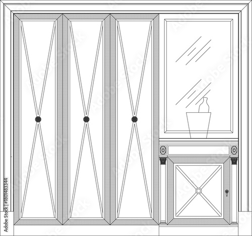 Detailed technical vector drawing of classic interior wall paneling or built-in closet doors with geometric trim and mirror insert.