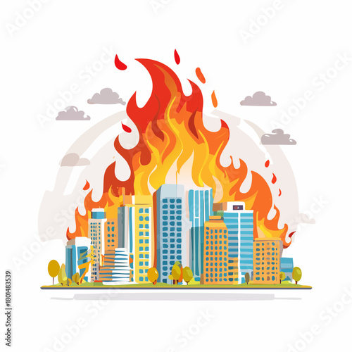 chaos concept, burning city with fire flame smoke, represent violence protest recession inflating, vector