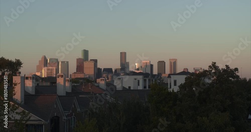 4K Drone Establishing Shot of Downtown Houston Skyline at Sunset from Third Ward