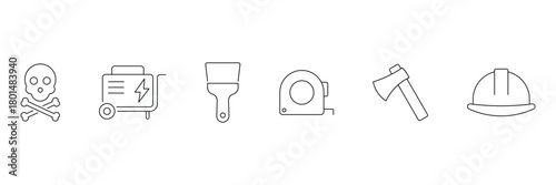 Construction tools line icons. Comprehensive handyman and construction icon set. Containing, engineering, equipment, helmet, tool, tape, builder, brush and more icons.