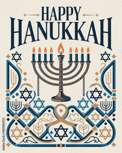 Happy Hanukkah Menorah Star of David Festival of Lights Illustration