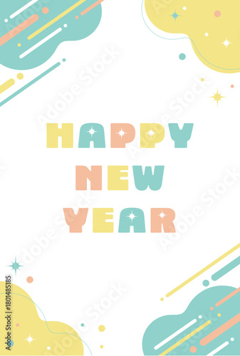 New Year's card templates with materials for 2026: the Year of the Horse. The designs are vertical and cute, and are auspicious, yellow, green, orange. / はがきテンプレート 年賀状素材 2026年 午年 縦型 かわいい めでたい 黄色 緑 橙色