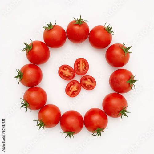 Pomodorini disposti in cerchio con fette al centro su sfondo chiaro. Generative AI