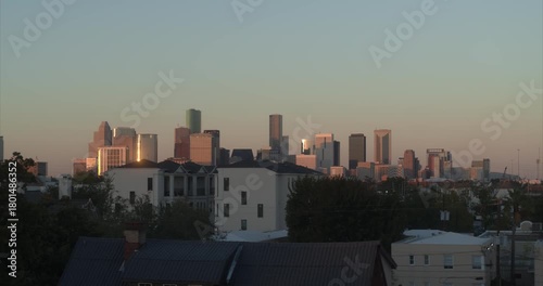 Sunset Aerial View of Downtown Houston Skyline from Historic Third Ward | 4K Drone Footage