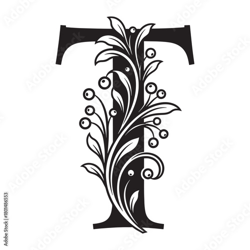 Decorative black capital letter T featuring floral ornament and berries is on transparent background
