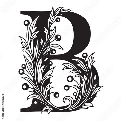 Letter B is creatively decorated with swirling foliage, elegant floral patterns, and bold black fill
