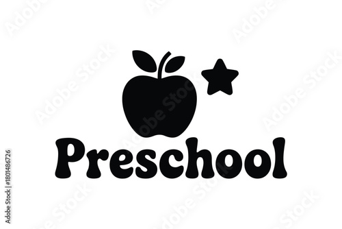 A simple black silhouette of an apple with a star and the word "Preschool" below it represents early childhood education.