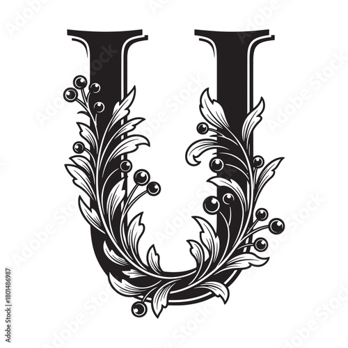 Ornate letter U features swirling leaves and berries in a black and white design