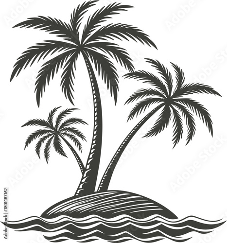 Vintage illustration of palm trees on a small island in the ocean