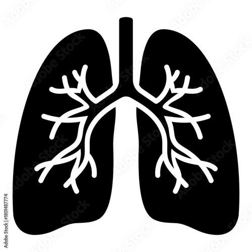 Solid lungs icon representing breathing, respiratory health, anatomy, and medical study. Bold minimal silhouette style for healthcare, biology, and educational content.