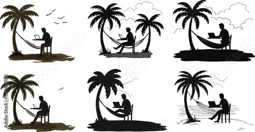 Freelancer working on laptop under palm tree hammock silhouette, tropical beach vector illustration showing remote work, digital nomad lifestyle, travel freedom, and summer relaxation concept