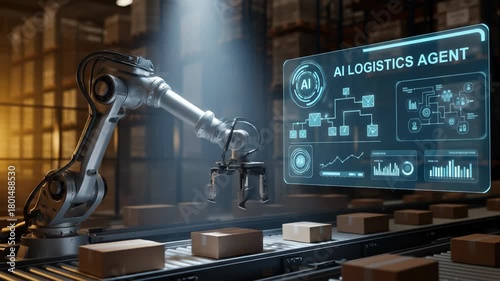 Automated Warehouse System Futuristic AI Logistics Agent Optimizing Package Sorting with Robotic Arm and Transparent Display Interface