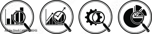 Business analytics icon vector set, black magnifying glass overlays with charts and gear, editable, premium design