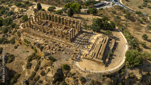 Aerial view of the Temple of Hera (or Roman Juno), located in Agrigento, Sicily, Italy. Known as Temple D, it's a Greek temple in the Valley of the Temples, a section of the ancient Greek city of Akra