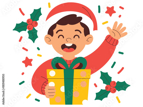 A cheerful child wearing a Santa hat and holding a Christmas gift, surrounded by confetti and holly.