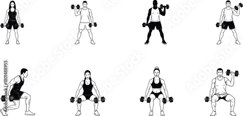 Dumbbell workout vector set, black fitness poses with compound strength training movements, editable gym artwork, commercial-ready, print-ready, premium design