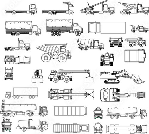 Comprehensive technical vector set of heavy construction and commercial vehicles (dumpers, cranes, mixers, trailers) in mixed orthogonal views.
