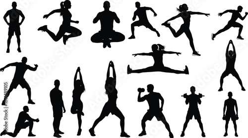 Fitness silhouette vector set, diverse workout poses, editable exercise icons, commercial-ready, print-ready, premium design