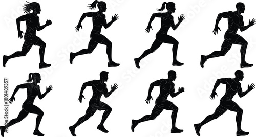 Running silhouette vector set, black athletic motion poses, editable sports artwork, commercial-ready, print-ready, premium design