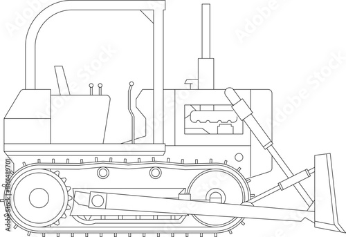 Detailed technical vector drawing of a heavy tracked bulldozer or tractor with a pusher blade in side elevation view.
