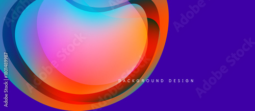 Abstract vibrant layers create dynamic composition. Gradient colors blend, forming fluid shapes over purple backdrop. Modern design element.