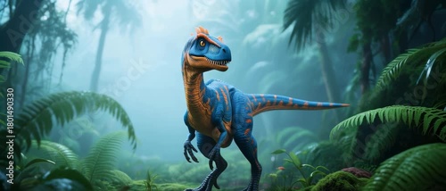 Standing, Blue Orange Dilophosaurus Dinosaur, Misty Jungle, Digital Render, Lush Tropical Forest Environment, Front Viewpoint, Prehistoric Wildlife Concept